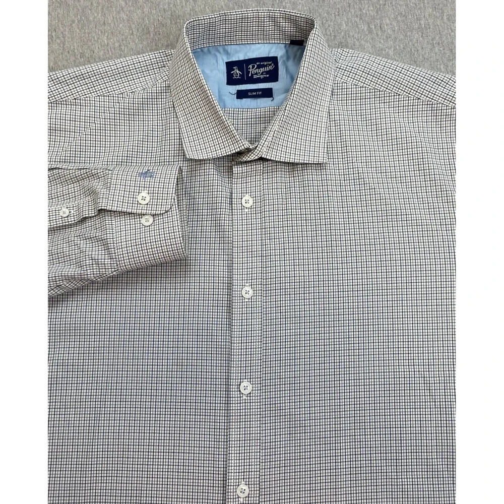 Original Penguin Shirt Mens Micro 17 - 34/35 Check Cotton Blend Slim Button Up